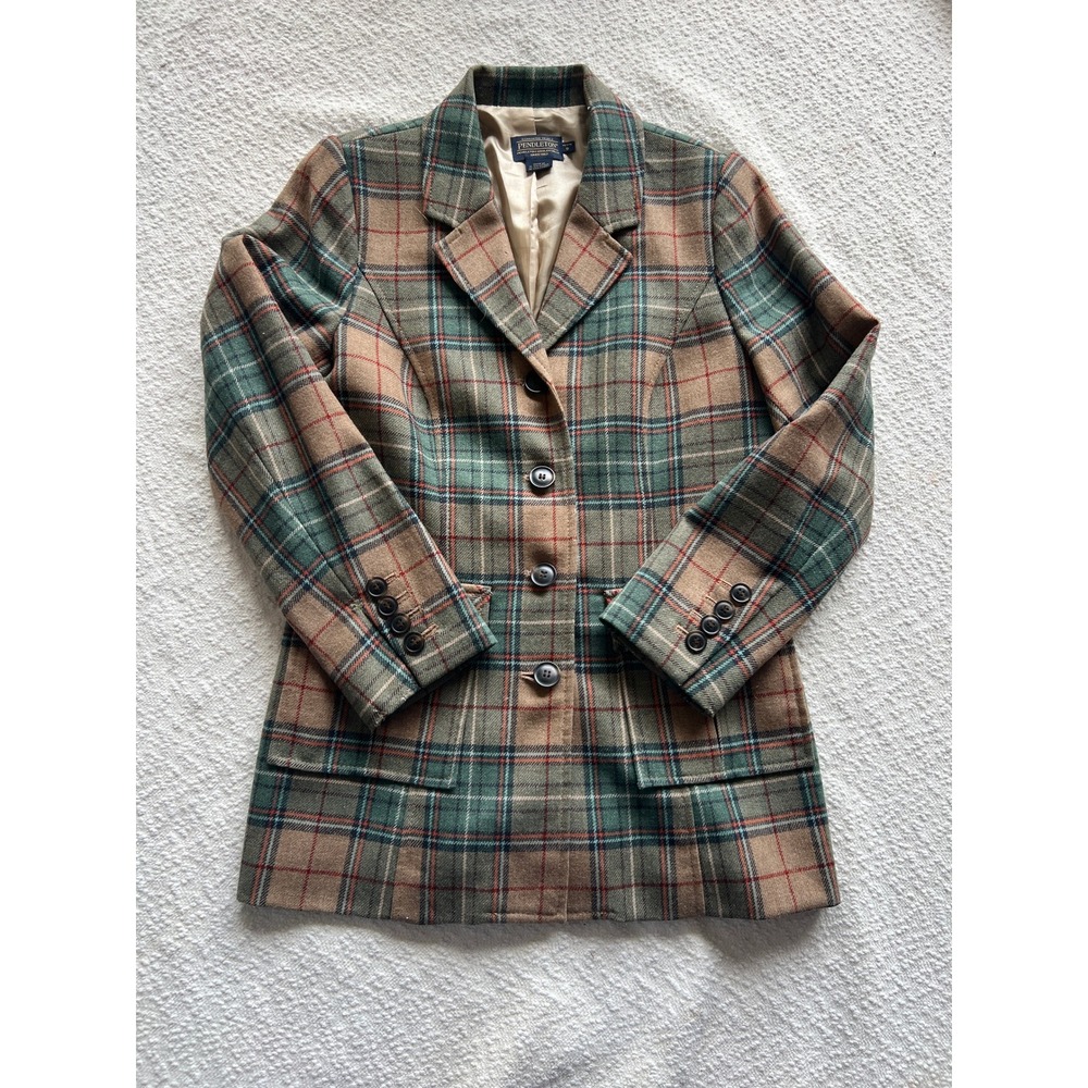 Pendleton Wool Blazer Womens Petite 6 Green Tan Plaid 4 Button Jacket Lined